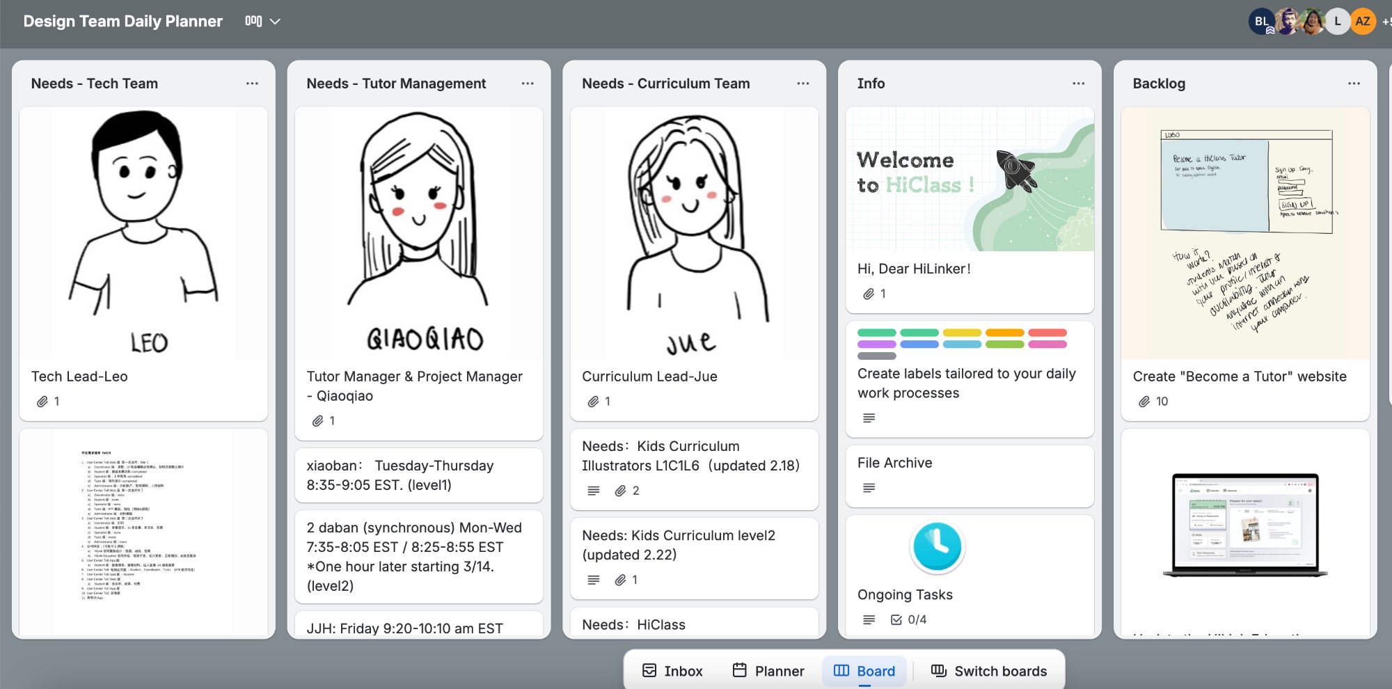 HiLink Trello board showing team roles