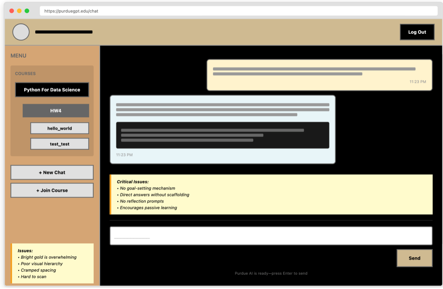 PeteChat original interface with usability issues