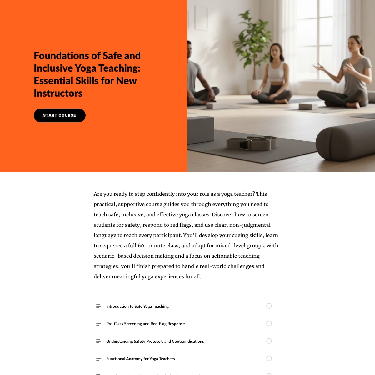 Foundations of Safe and Inclusive Yoga Teaching — Rise 360 course cover with orange header and yoga studio photography